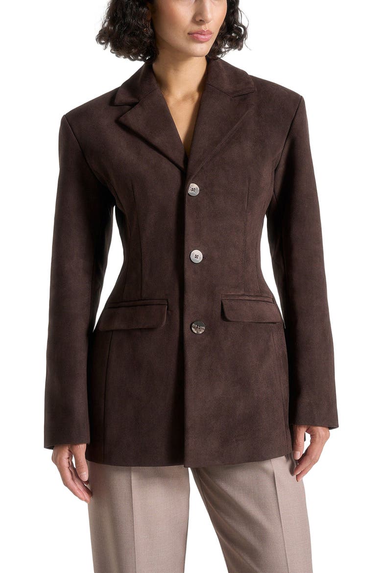 Claire Suede Wide Shoulder Cinch Waist Blazer, Main, color, Brown