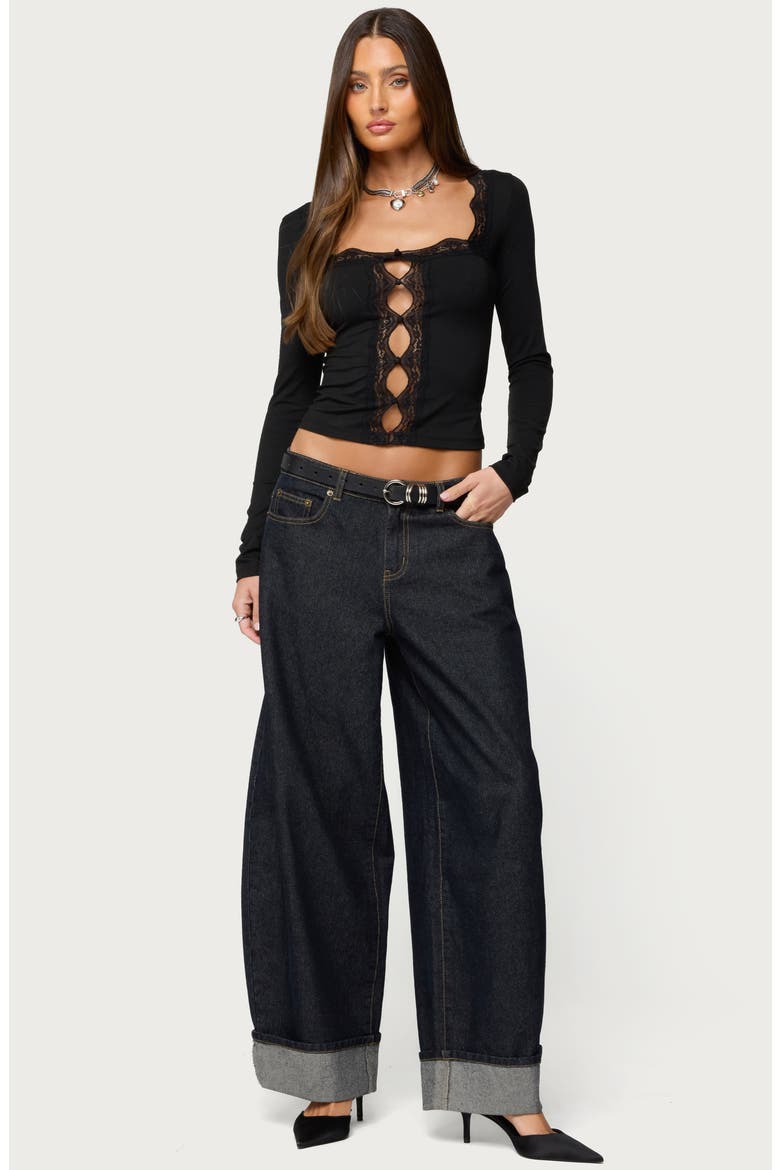 Zeya Cutout Sheer Lace Trim Top, Alternate, color, BLACK