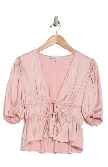 Shop Wayf Puff Sleeve Tie Front Satin Top In Pink