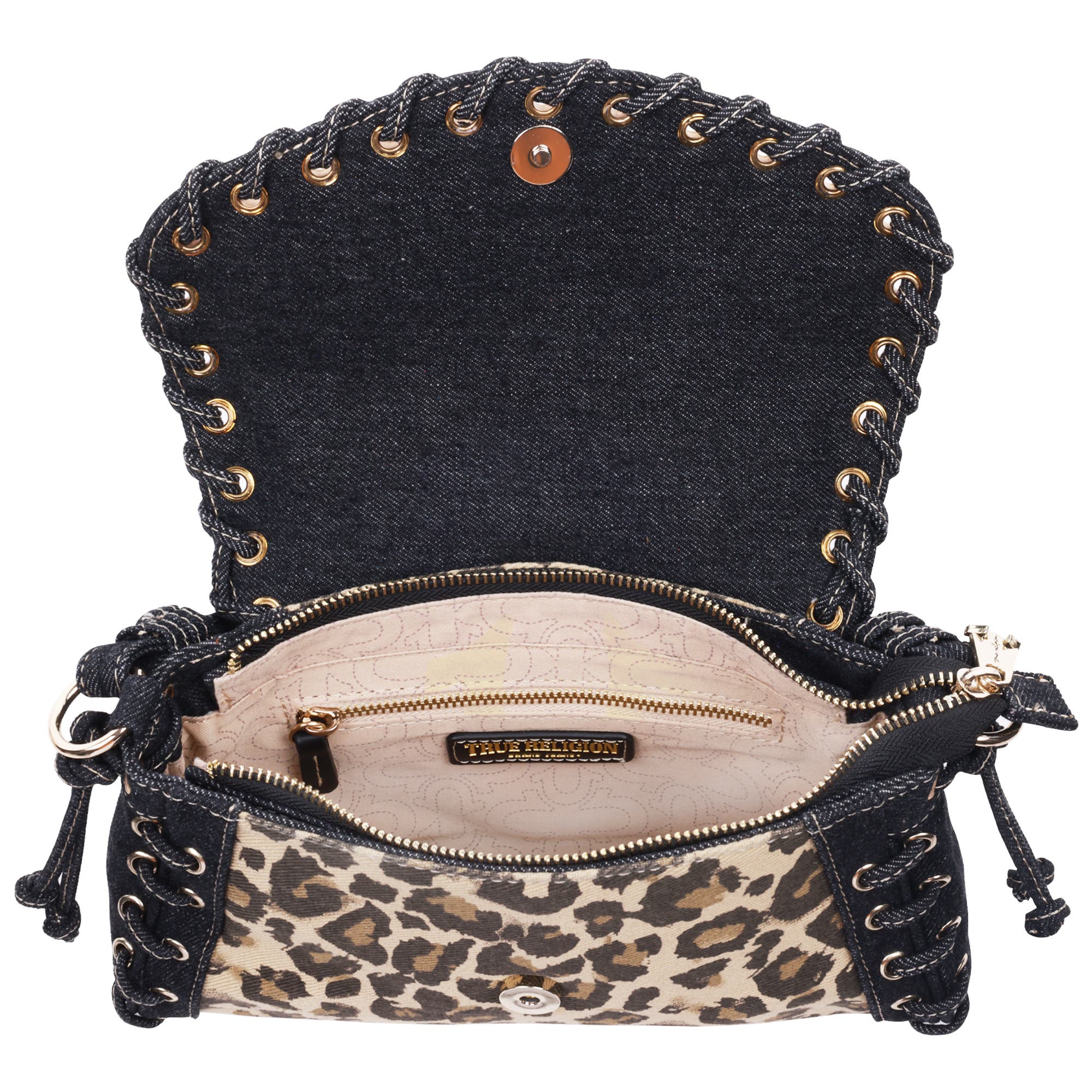 True Religion Denim Leopard Eyelet Trim Flap Bag, Alternate, color, Leopard/Black