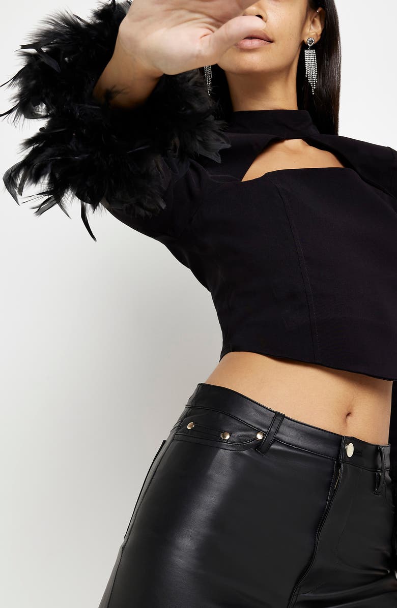 River Island Faux Feather Cuff Cutout Long Sleeve Corset Crop Top, Alternate, color,