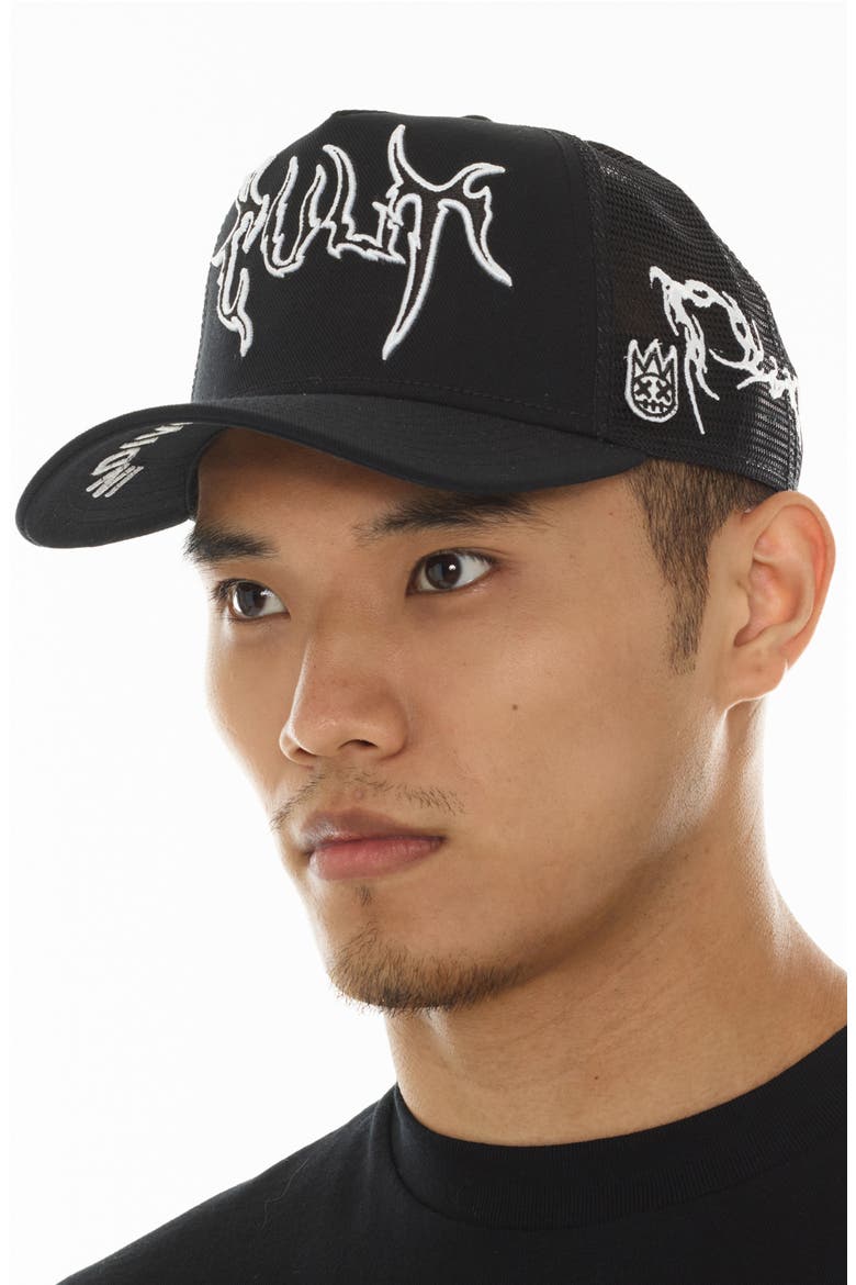 Raven Logo Trucker Hat, Alternate, color, BLACK