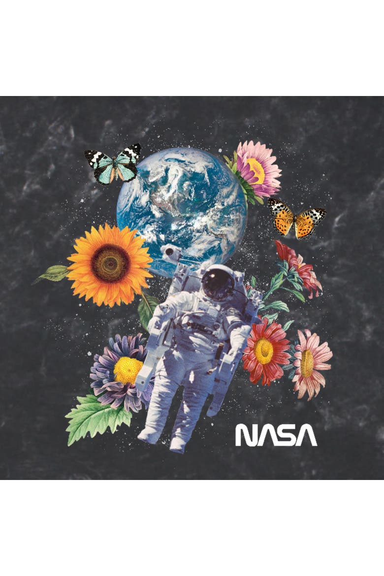 Mens NASA Floral Astronaut in Space T Shirt, Alternate, color, Black