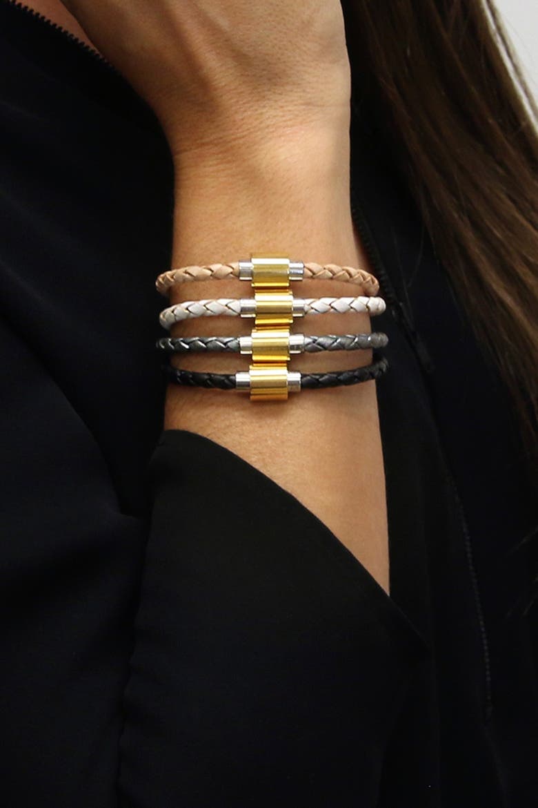 18K Gold Plated & Sterling Silver Hardware Braided Leather Bracelet, Alternate, color, BLACK