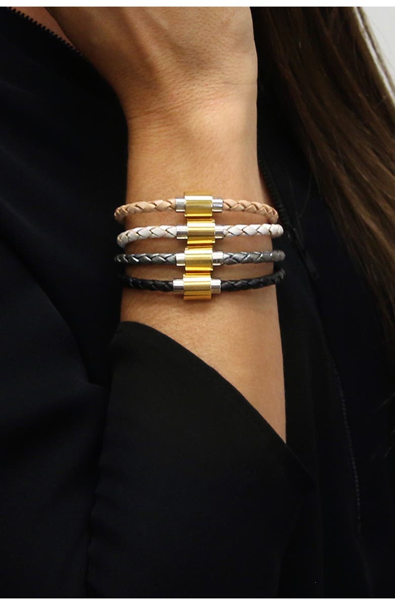 Liza Schwartz 18K Gold Plated & Sterling Silver Hardware Braided Leather Bracelet, Alternate, color, Black