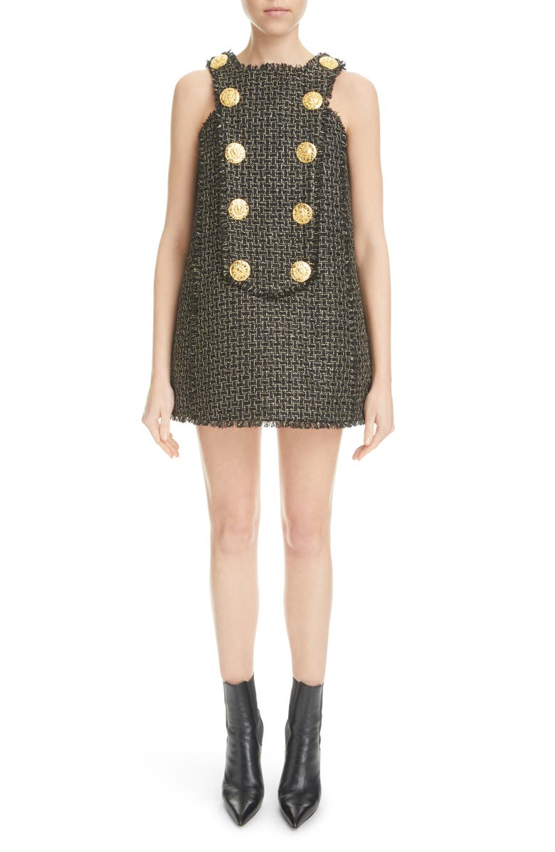 Balmain Double Breasted Metallic Tweed Swing Minidress, Main, color, 