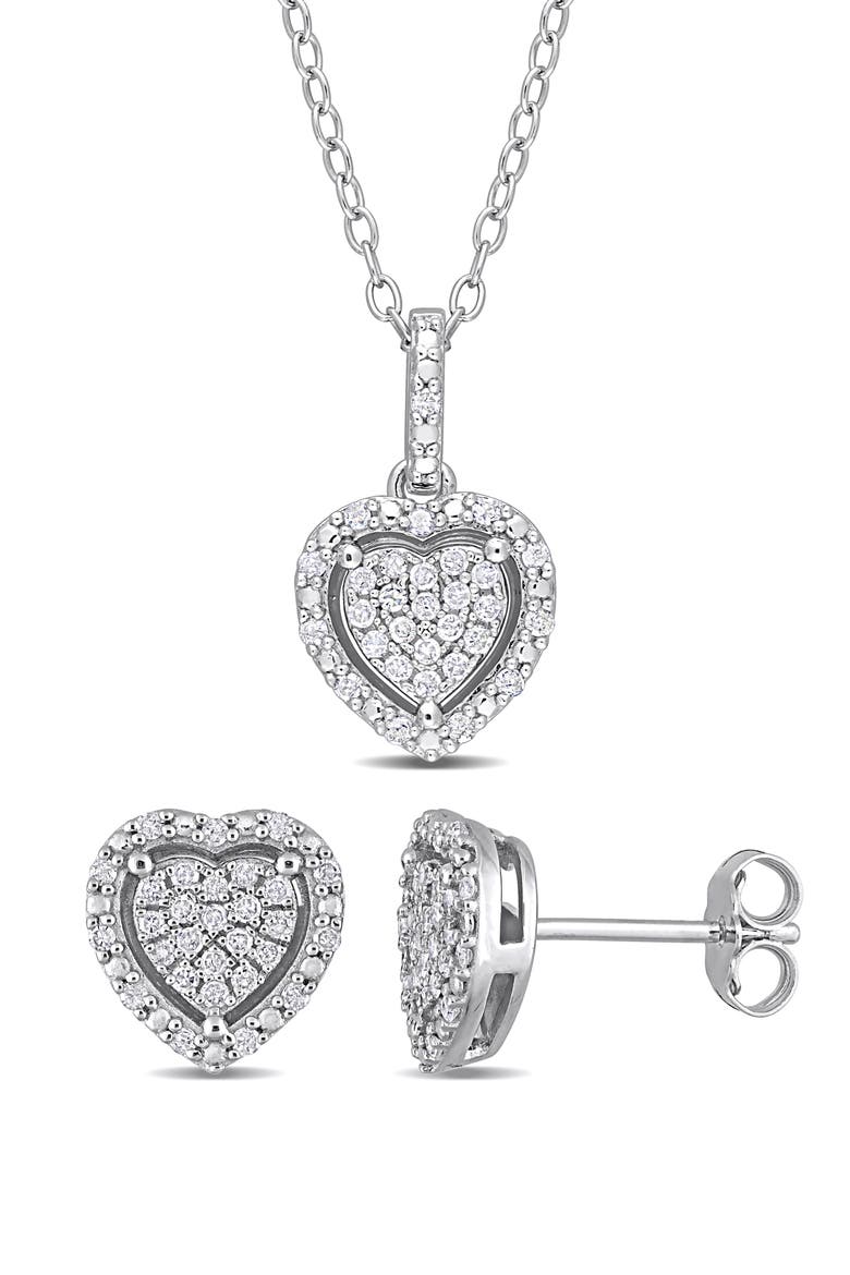 Pavé Diamond Heart Pendant Necklace & Stud Earrings Set - 0.44ct., Main, color, SILVER