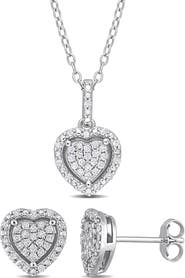 DELMAR Pavé Diamond Heart Pendant Necklace & Stud Earrings Set - 0.44ct.