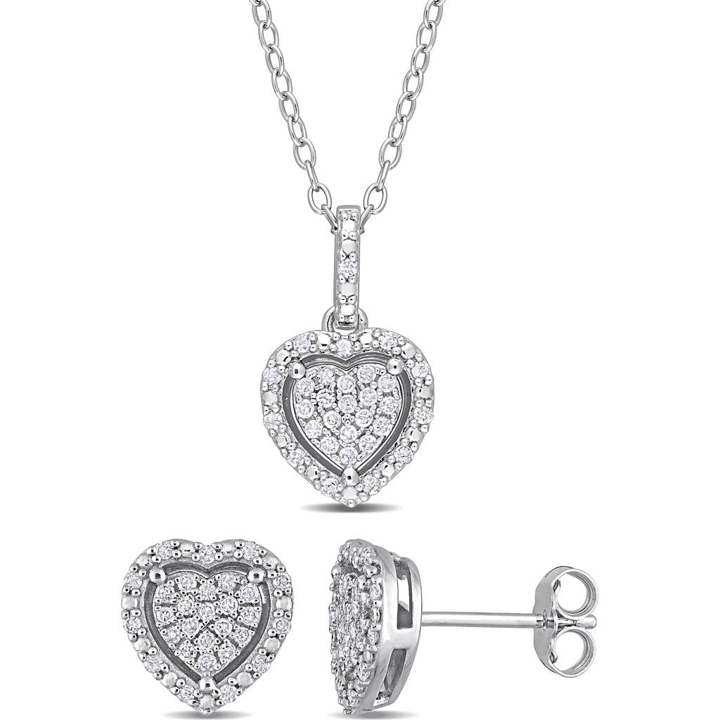 Delmar Pavé Diamond Heart Pendant Necklace & Stud Earrings Set In Silver
