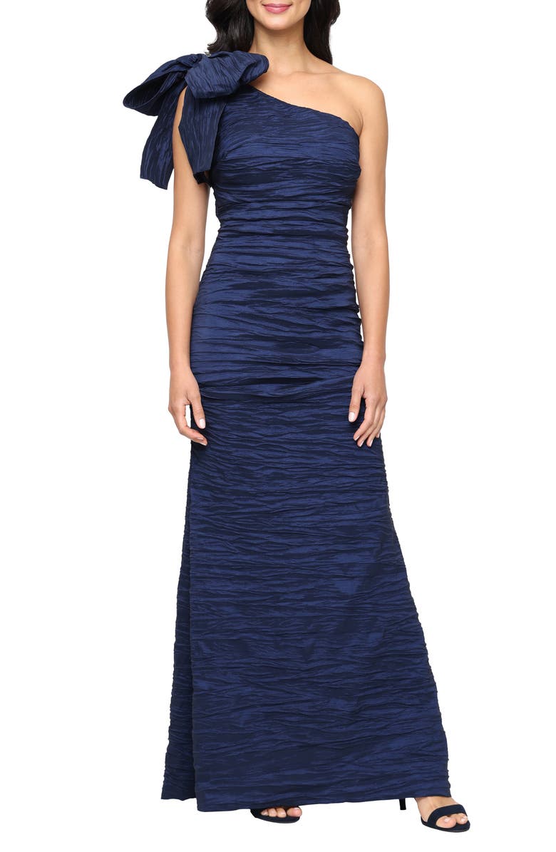 Alex Evenings Bow Detail One-Shoulder Ruched Satin Gown, Main, color, Navy