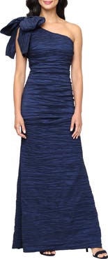 Alex Evenings Bow Detail One-Shoulder Ruched Satin Gown