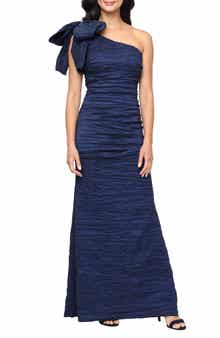 Alex Evenings Bow Detail One-Shoulder Ruched Satin Gown