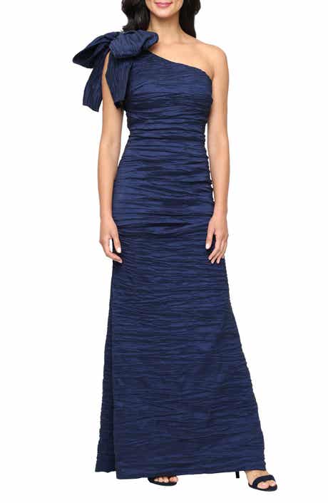 Alex Evenings Bow Detail One-Shoulder Ruched Satin Gown