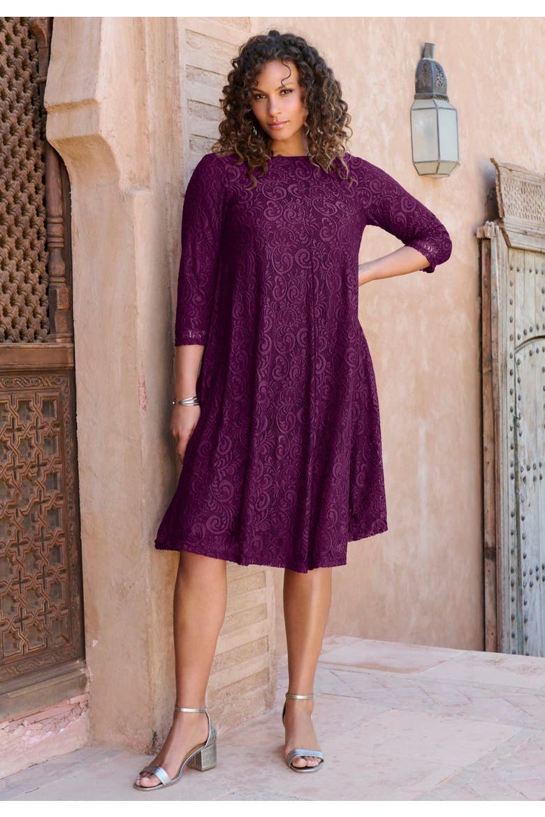 Plus Size 3/4 Sleeve Boatneck Lace Swing Dress, Alternate, color, DARK BERRY