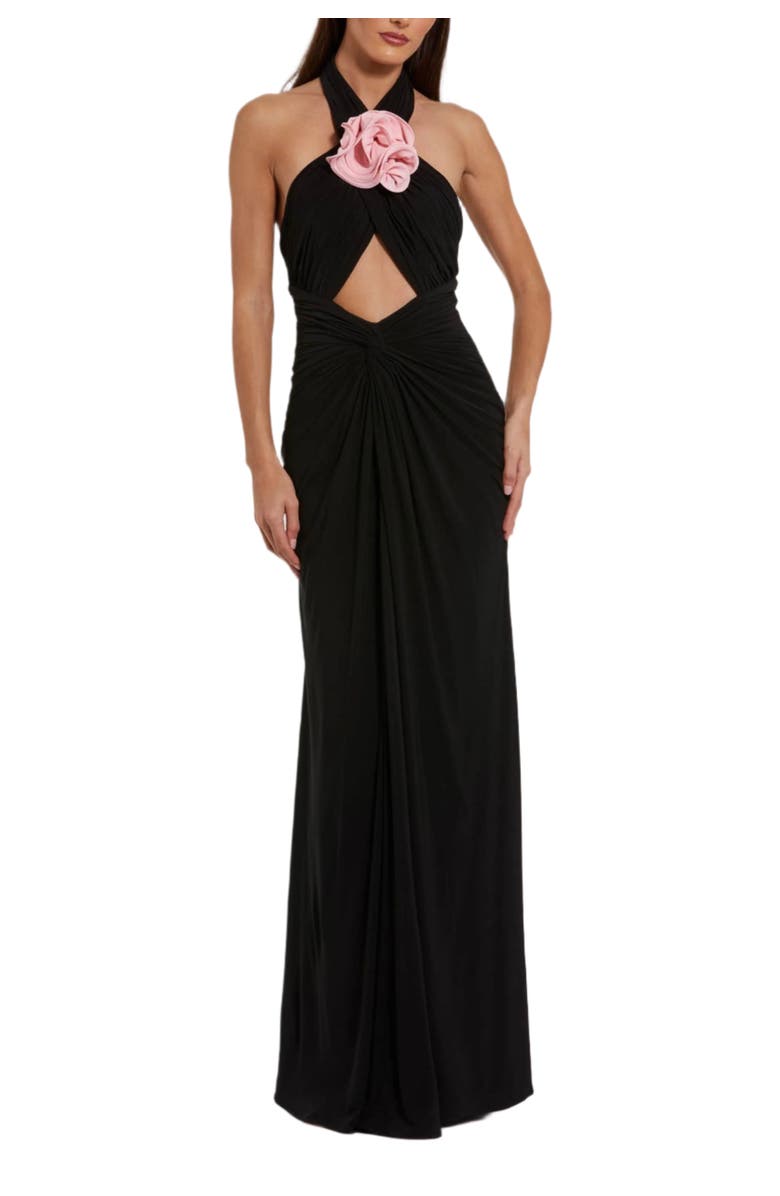 Mac Duggal Jersey Crossover Halter Neck Gown With 3D Flower, Main, color, Black Pink