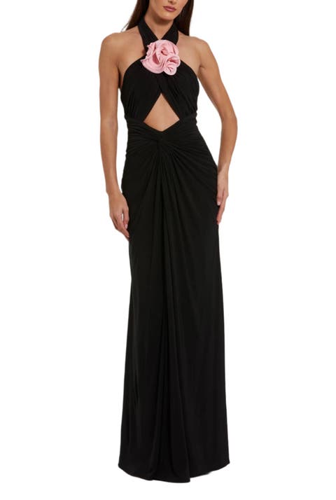 Jersey Crossover Halter Neck Gown With 3D Flower