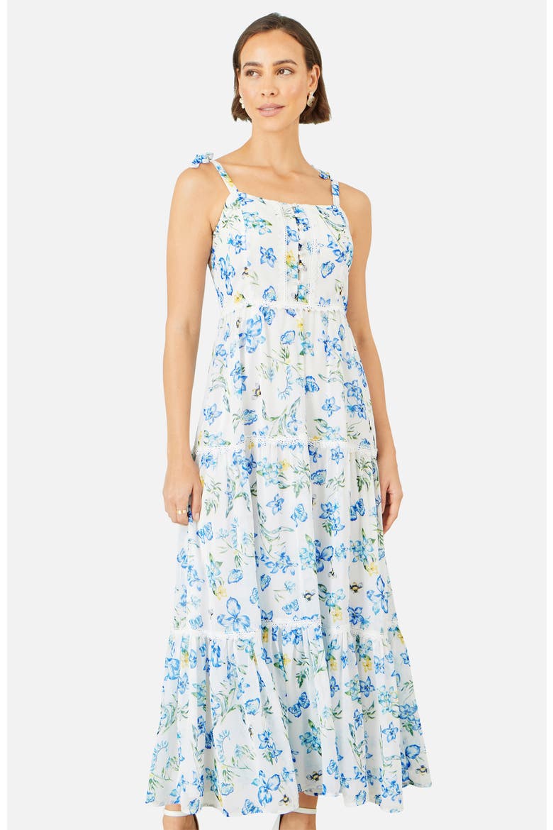 Butterfly Print Lace Trim Maxi Dress, Alternate, color, White