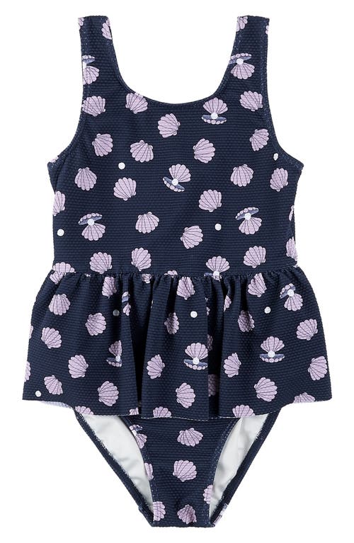 Petit Lem Oyster Piqué Skirted One-piece Swimsuit In Navy