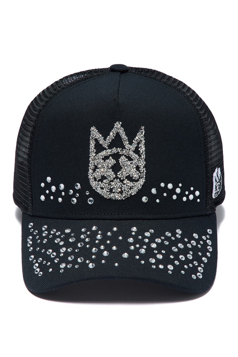 Shimuchan Logo Crystal Embellished Trucker Hat, Alternate, color, BLACK