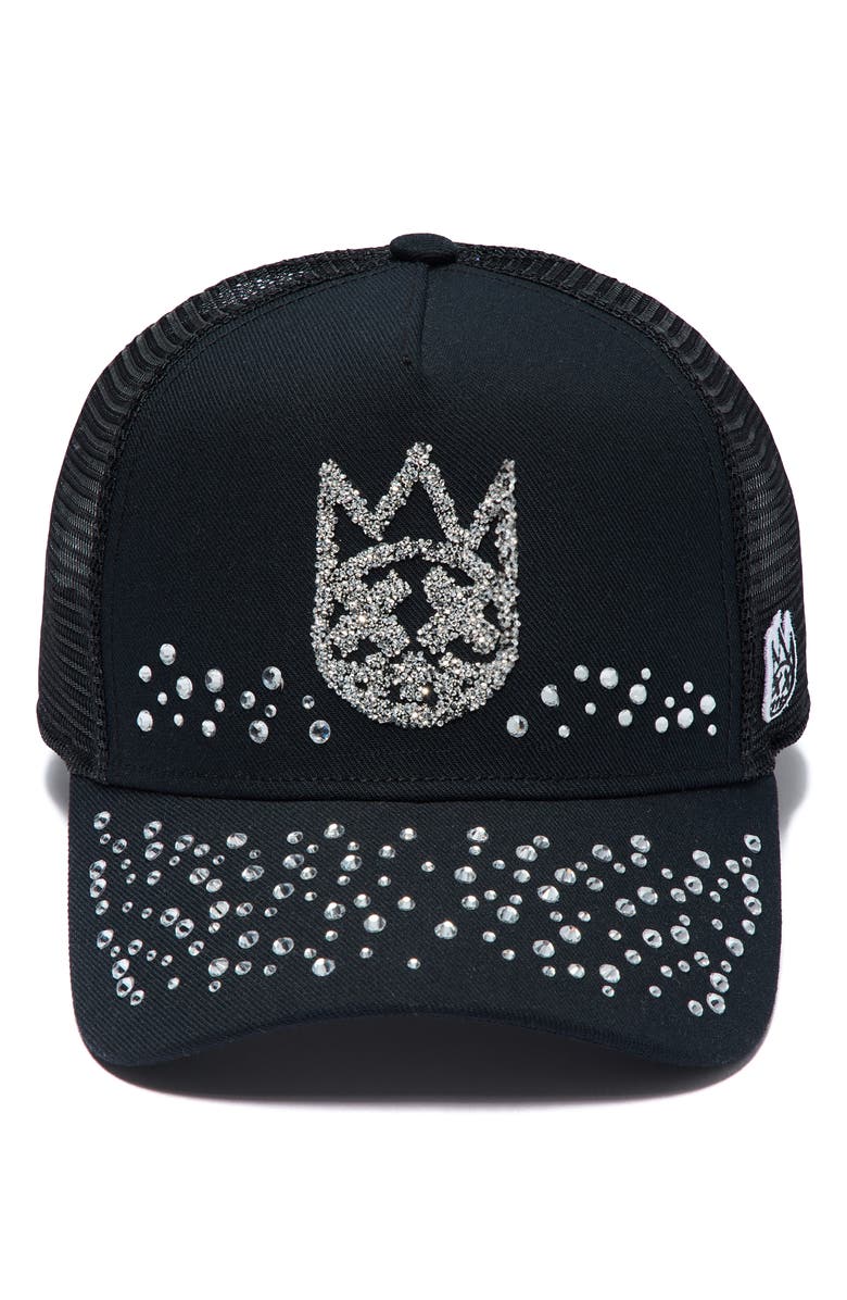 Cult of Individuality Shimuchan Logo Crystal Embellished Trucker Hat, Alternate, color, Black