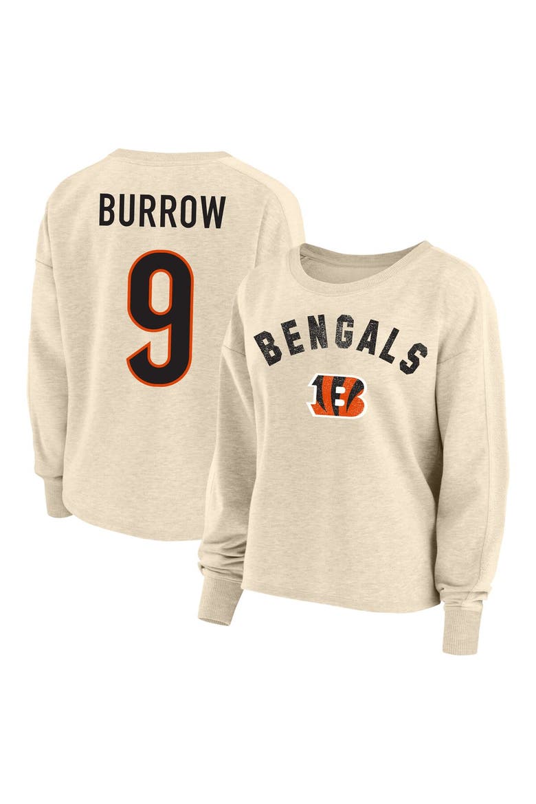 Women's Fanatics Branded Joe Burrow Oatmeal Cincinnati Bengals Plus Size Name & Number Crew Pullover Sweatshirt, Main, color, Oatmeal
