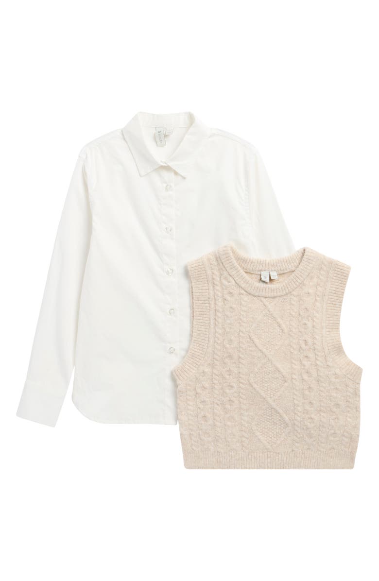 Tractr Kids' Button-Up Shirt & Cable Stitch Vest Set, Main, color, Cream