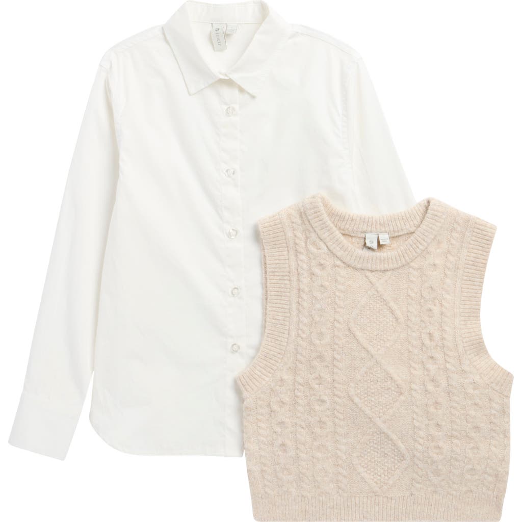 Tractr Kids' Button-up Shirt & Cable Stitch Vest Set In White