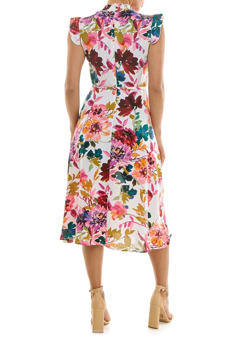 Smocked Neck Tie Waist Midi Dress, Alternate, color, IVORY MULTI