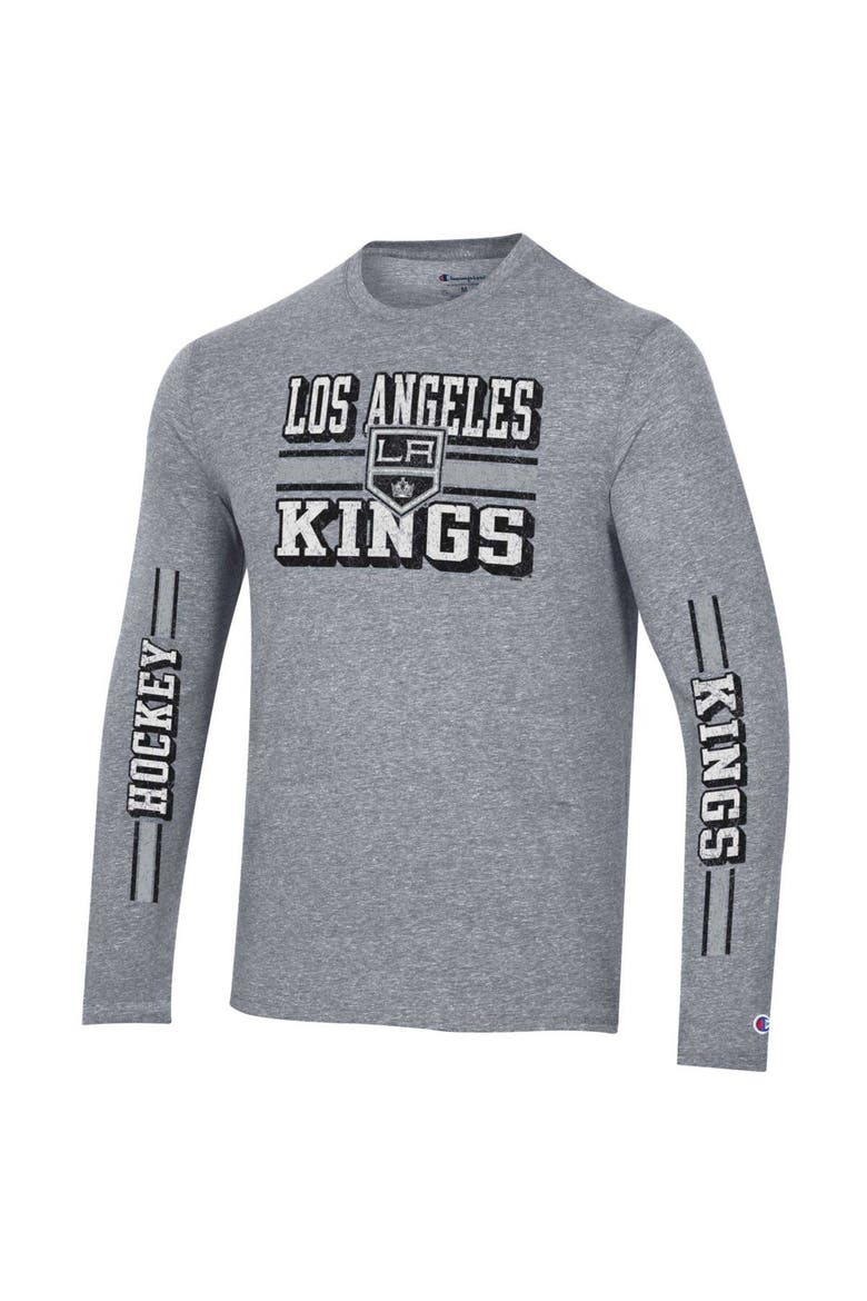 Men's Champion Heather Gray Los Angeles Kings Tri-Blend Dual-Stripe Long Sleeve T-Shirt, Alternate, color, Heather Gray