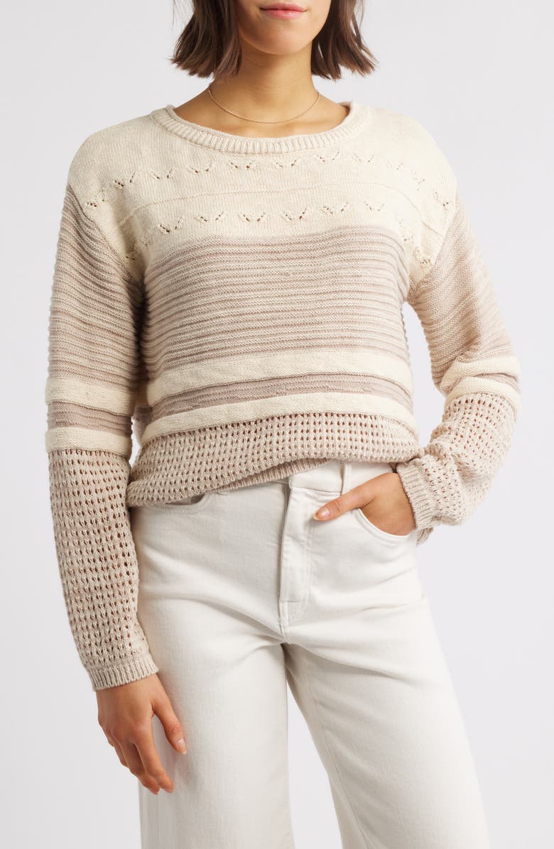 beachlunchlounge Polla Stripe Mixed Stitch Boat Neck Sweater, Main, color, Desert Khaki