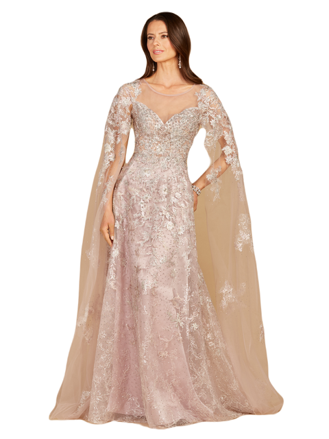 Long Bell Sleeve V-Neck Beaded Gown