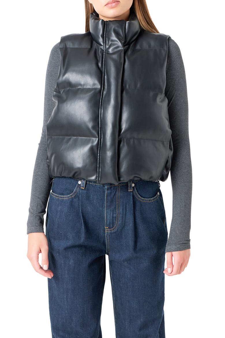 Faux Leather Crop Puffer Vest, Alternate, color, BLACK