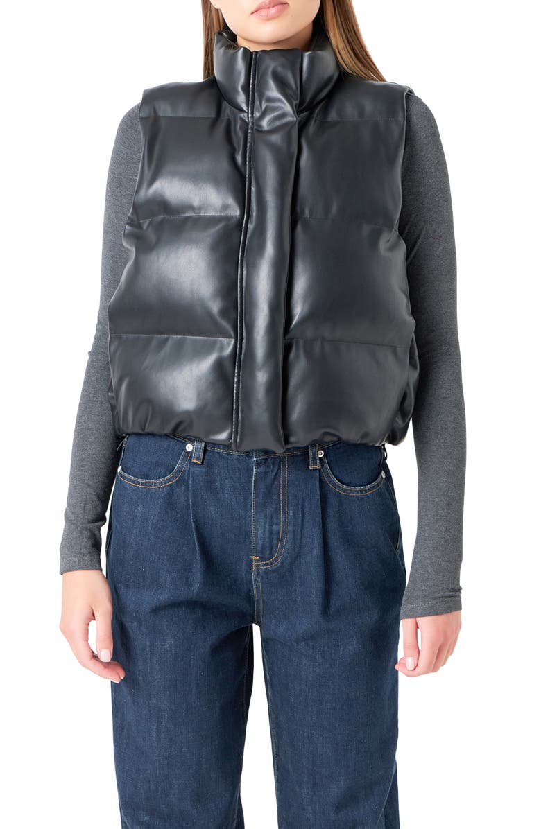 Grey Lab Faux Leather Crop Puffer Vest, Alternate, color, Black