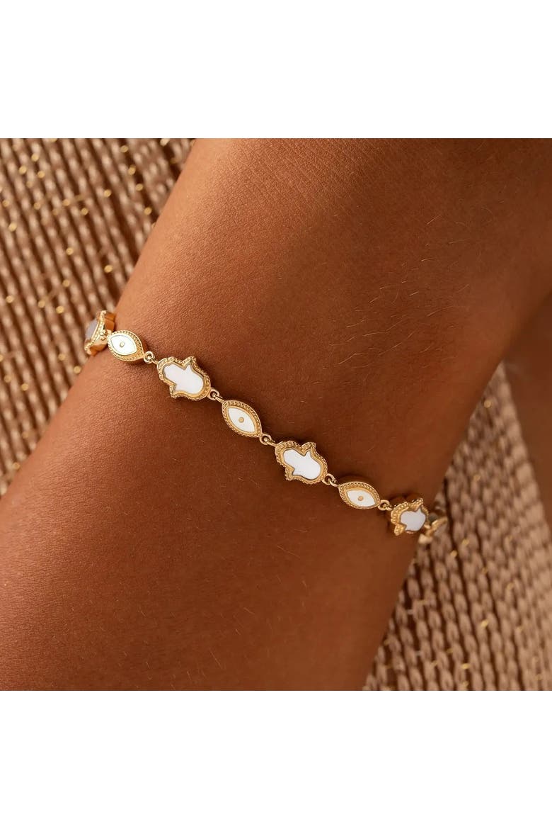 Sacred Light Mother of Pearl Evil Eye & Hamsa Gold Bracelet, Alternate, color, White/Gold