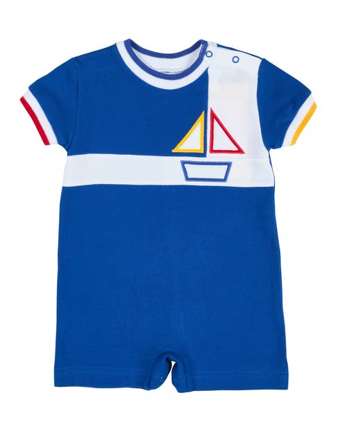 Florence Eiseman Pique Knit Shortall With Sailboat In Blue