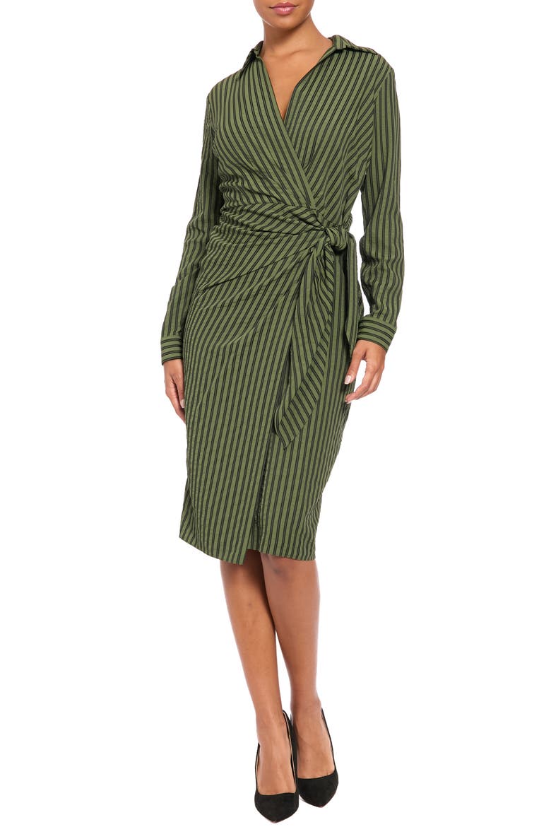 Stripe Long Sleeve Faux Wrap Dress, Main, color, RIFLE GREEN