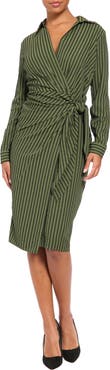 London Times Stripe Long Sleeve Faux Wrap Dress