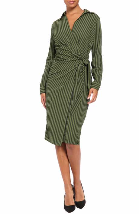 Stripe Long Sleeve Faux Wrap Dress