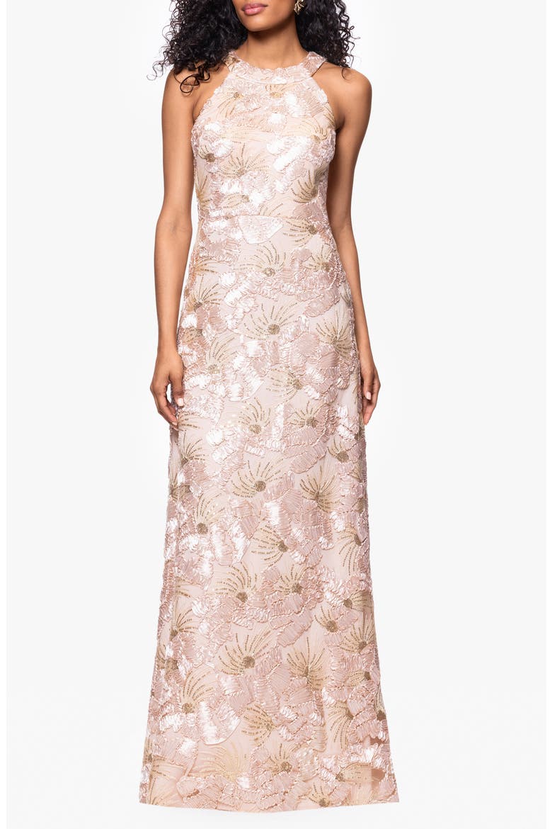 Sequin Floral Sleeveless Gown, Main, color, CHAMPAGNE
