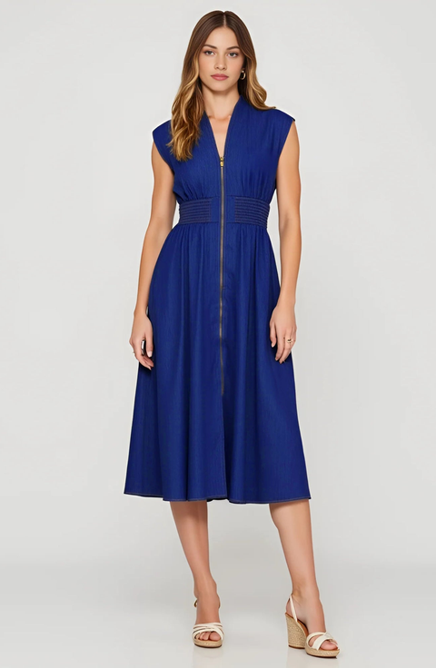 Zip Front Midi Dress with Cap Sleeves and Smocked Waist