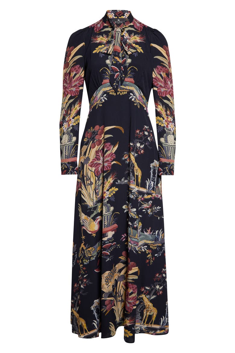 Placed Flower & Animal Print Tie Neck Long Sleeve Dress, Alternate, color, BLACK