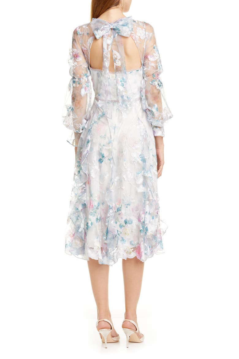 Embroidered Long Sleeve Tulle Midi Dress, Alternate, color, IVORY