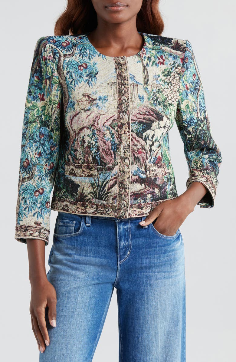 L'AGENCE Lian Collarless Crop Cotton Blend Jacket, Alternate, color, Multi Tapestry Print