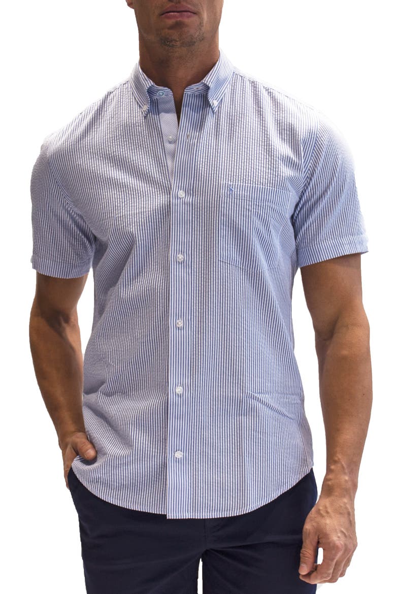 Heritage Stripe Print Short Sleeve Cotton Button-Down Shirt, Main, color, BLUE