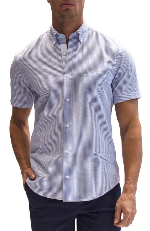 Heritage Stripe Print Short Sleeve Cotton Button-Down Shirt