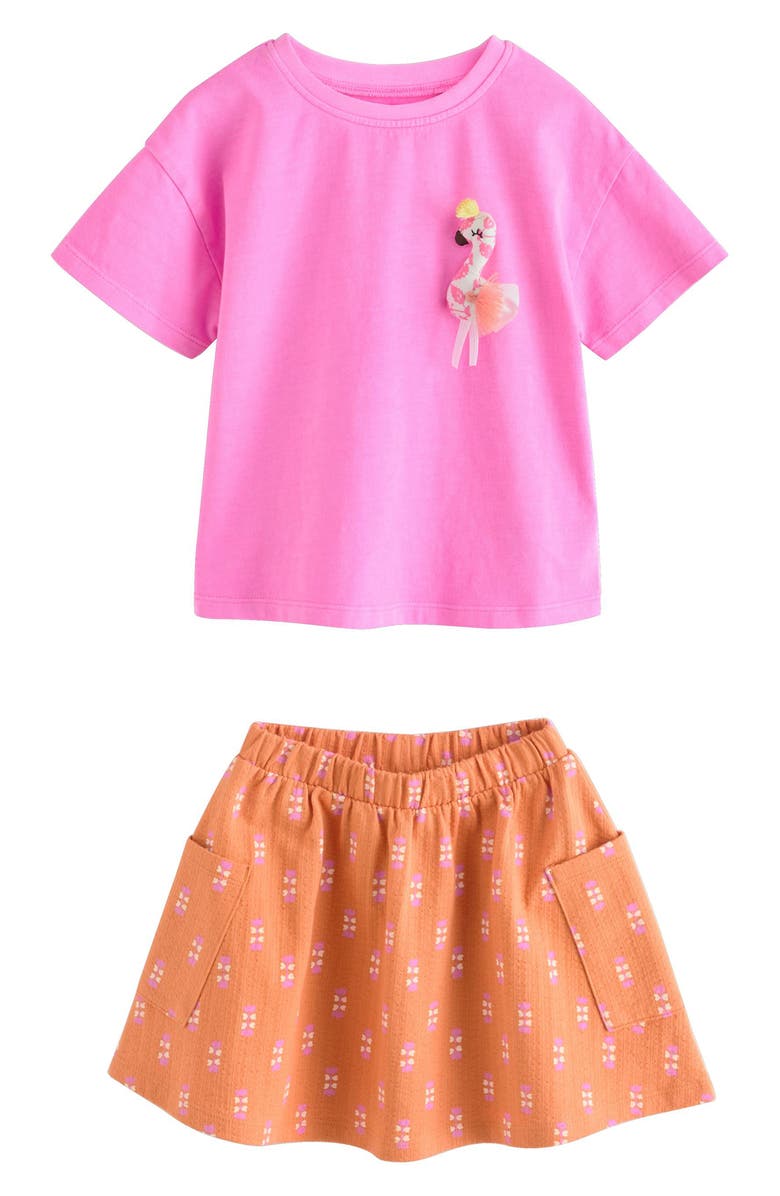 NEXT Kids' Pink Flaningo Cotton Top & Skirt Set, Main, color, Pink/ Orange