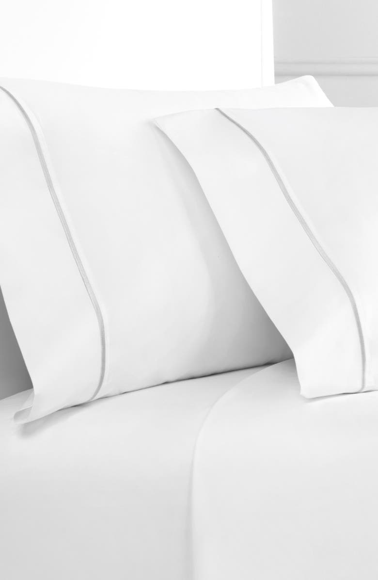 MELANGE HOME Single Embroidered Line 300 Thread Count 100% Cotton Pillowcases, Alternate, color, Grey