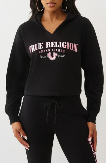 True Religion Notch Cotton Blend Crop Hoodie In Black