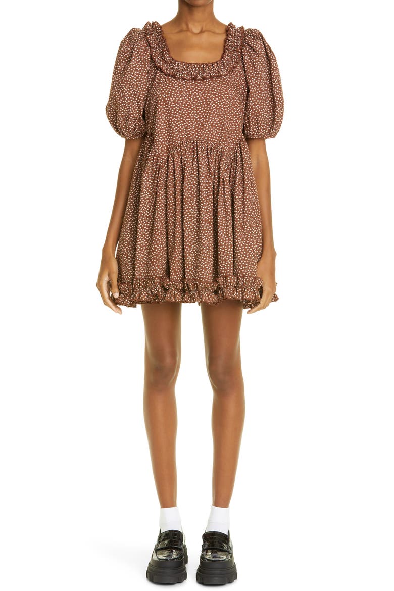 Egret Print Babydoll Dress, Main, color, BROWN NANO FLORAL
