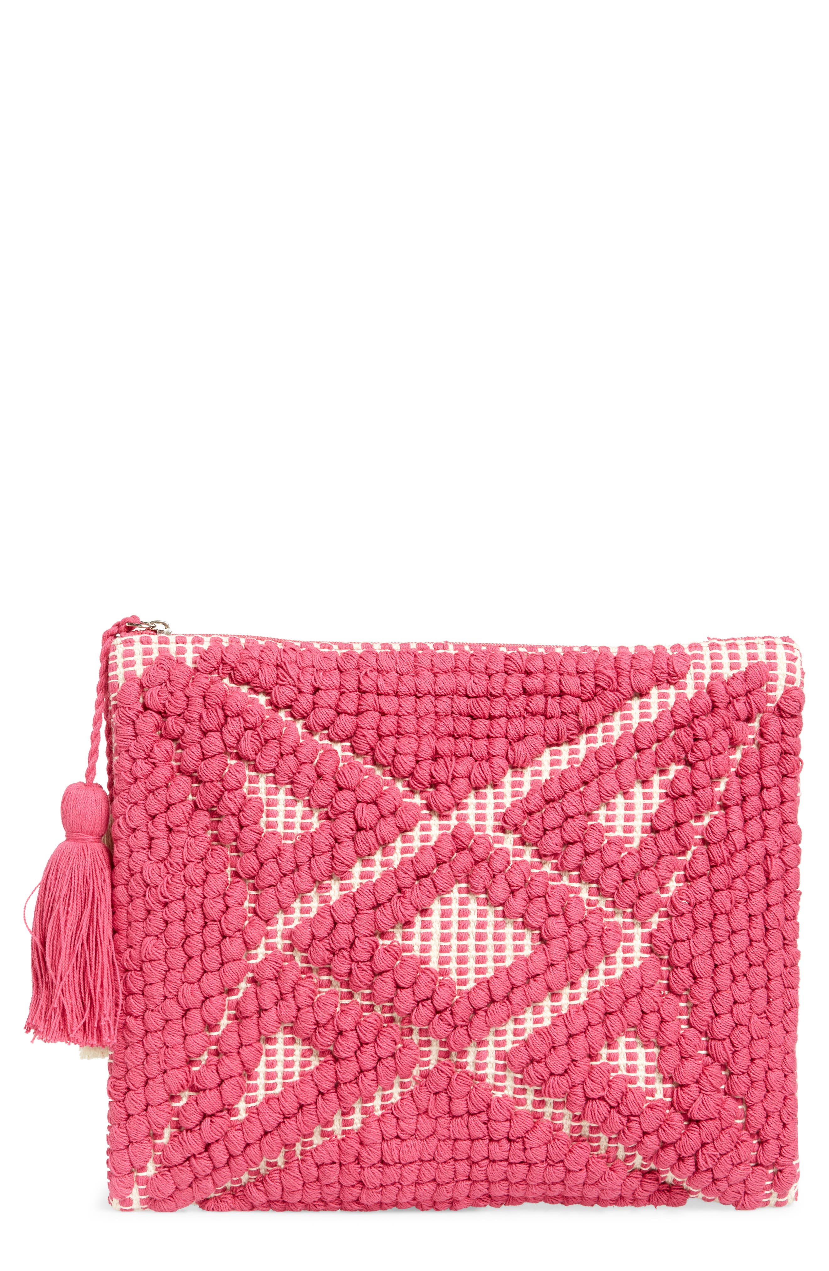 Sole Society Palisades Tasseled Woven Clutch, Main, color, 
